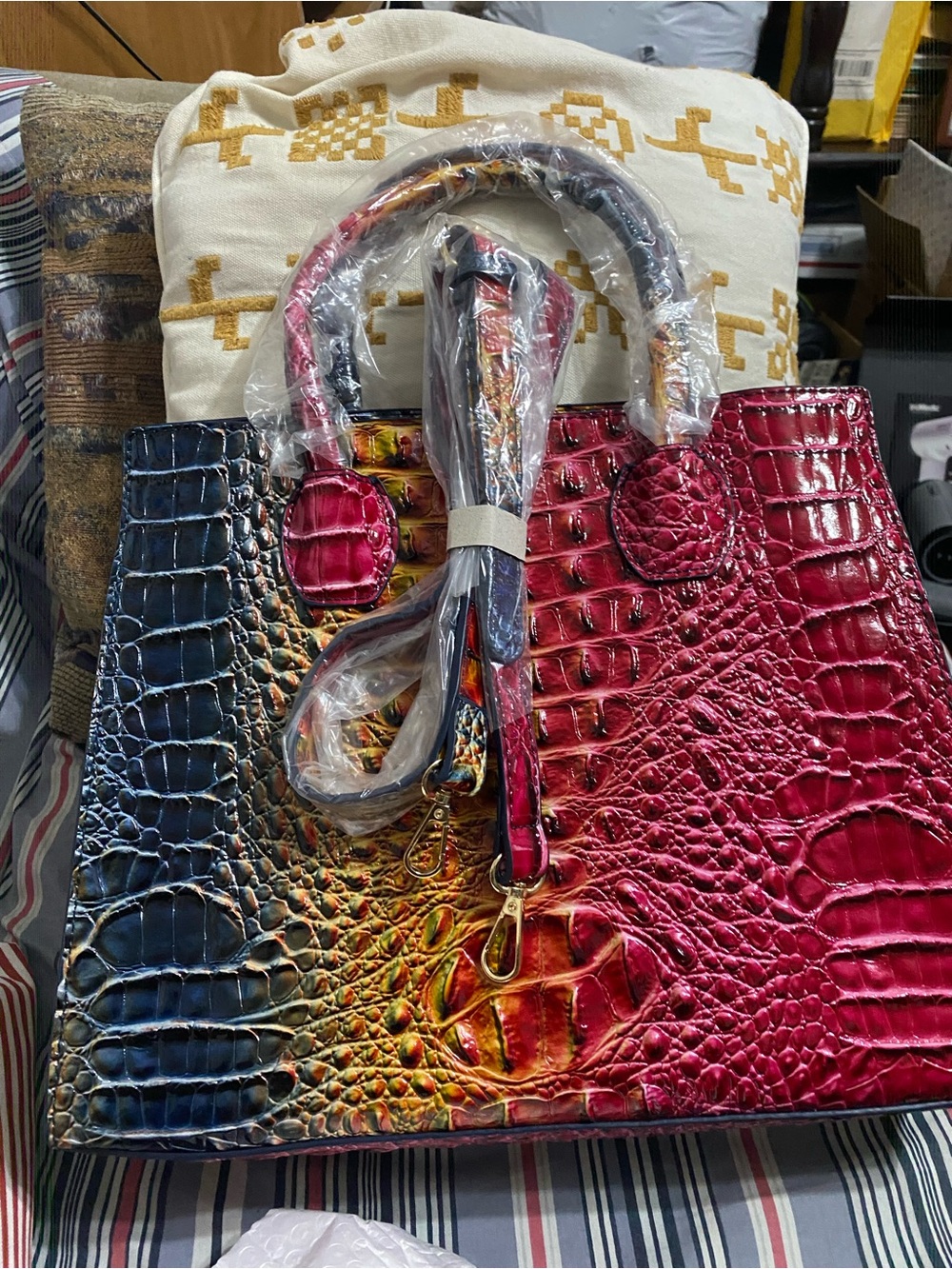Gradient Croc-Embossed Tote Bag in Blue and Pink
